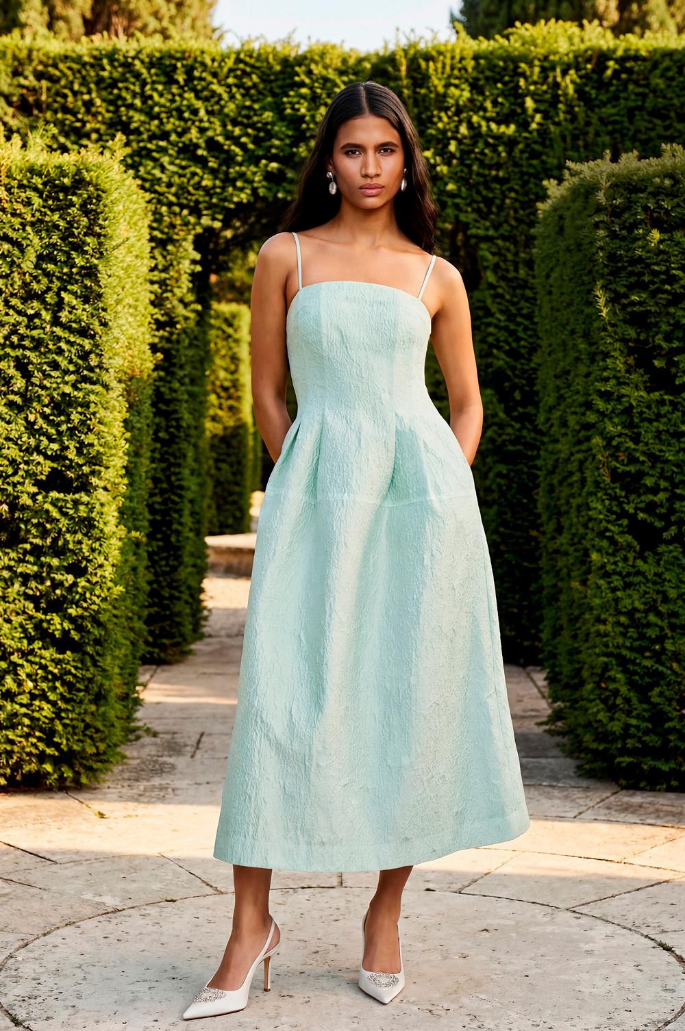 Mint Green Textured Weave Midi Dress with Square Neckline — Aesthetic Pastel Dress