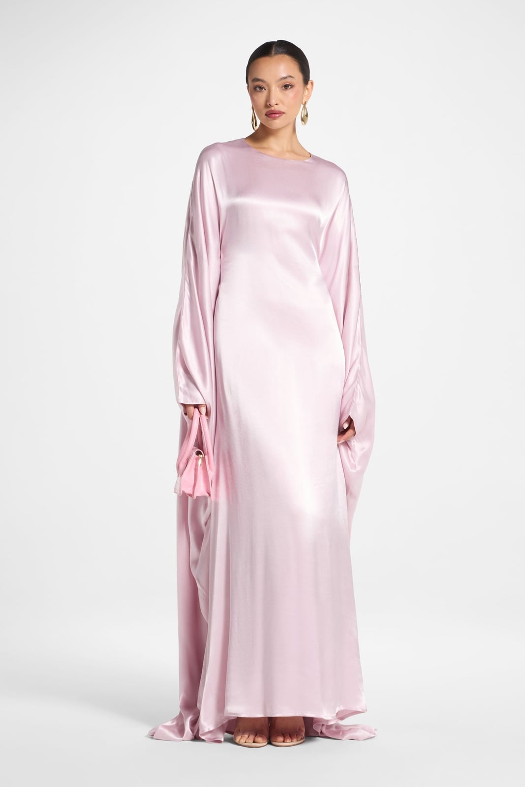 Pale Pink Long Sleeve Silk Satin Dress with Dramatic Draped Sleeves — Aesthetic Pastel Dress