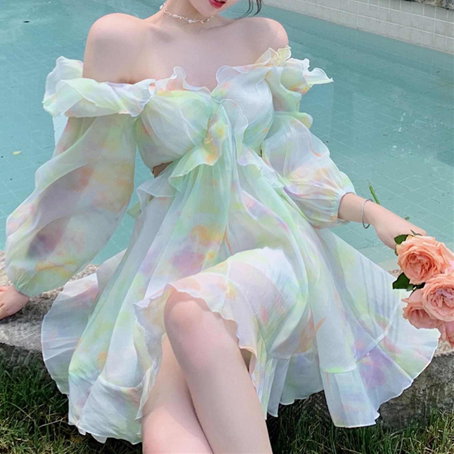 Pastel Multi-Color Off-The-Shoulder Chiffon Dress with Ruffles — Aesthetic Pastel Dress