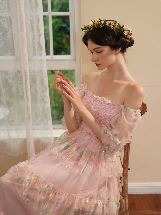 Pastel Pink Off-The-Shoulder Dress with Ruffled Sheer Sleeves — Aesthetic Pastel Dress