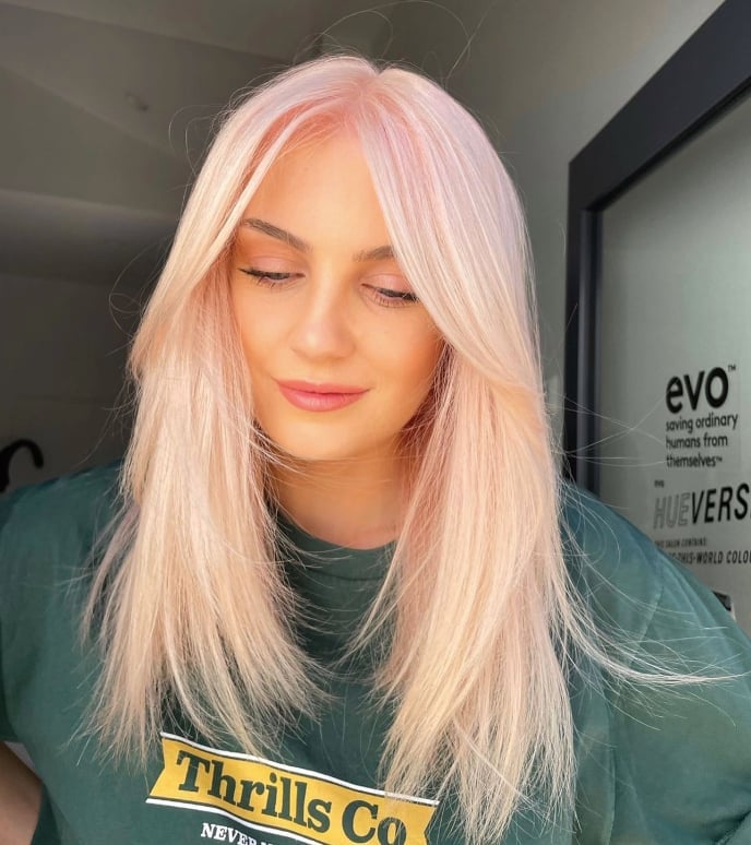 Collarbone Blowout With Soft Curtain Bangs Collarbone Blowout With Soft Curtain Bangs — Aesthetic Pastel Pink Hair