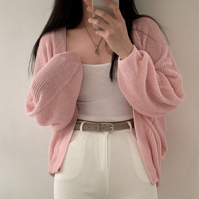 Pink Sheer Cardigan With White Trousers — Aesthetic Pink Cardigan Outfit