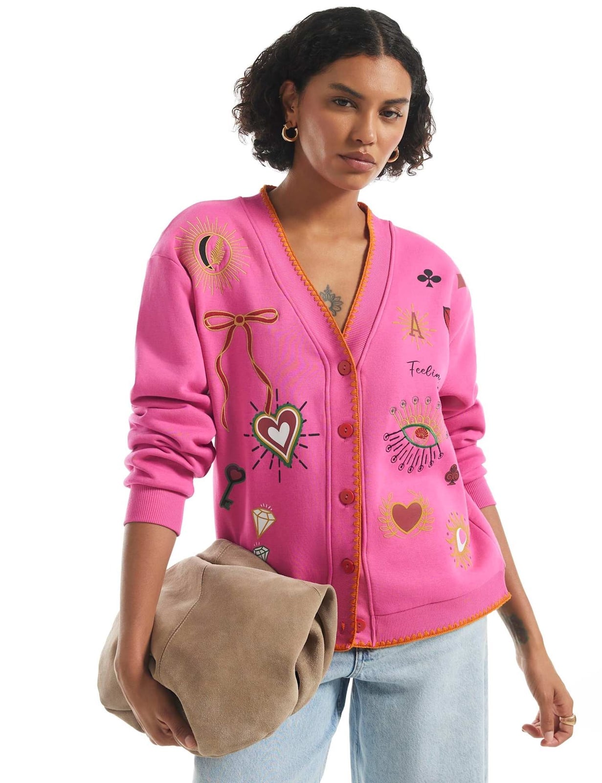 Embroidered Pink Cardigan With Blue Jeans — Aesthetic Pink Cardigan Outfit