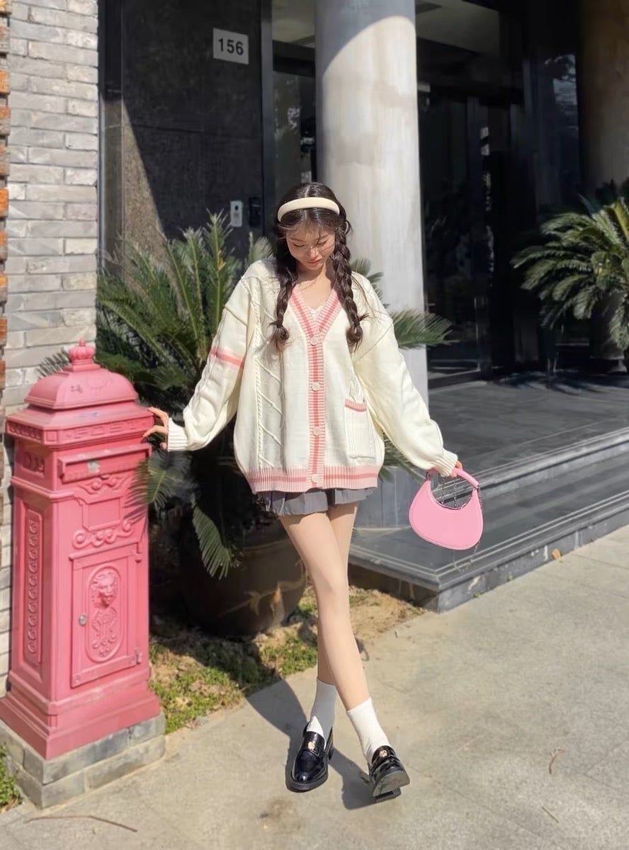 Cream Cardigan With Pink Trim And Grey Skirt — Aesthetic Pink Cardigan Outfit