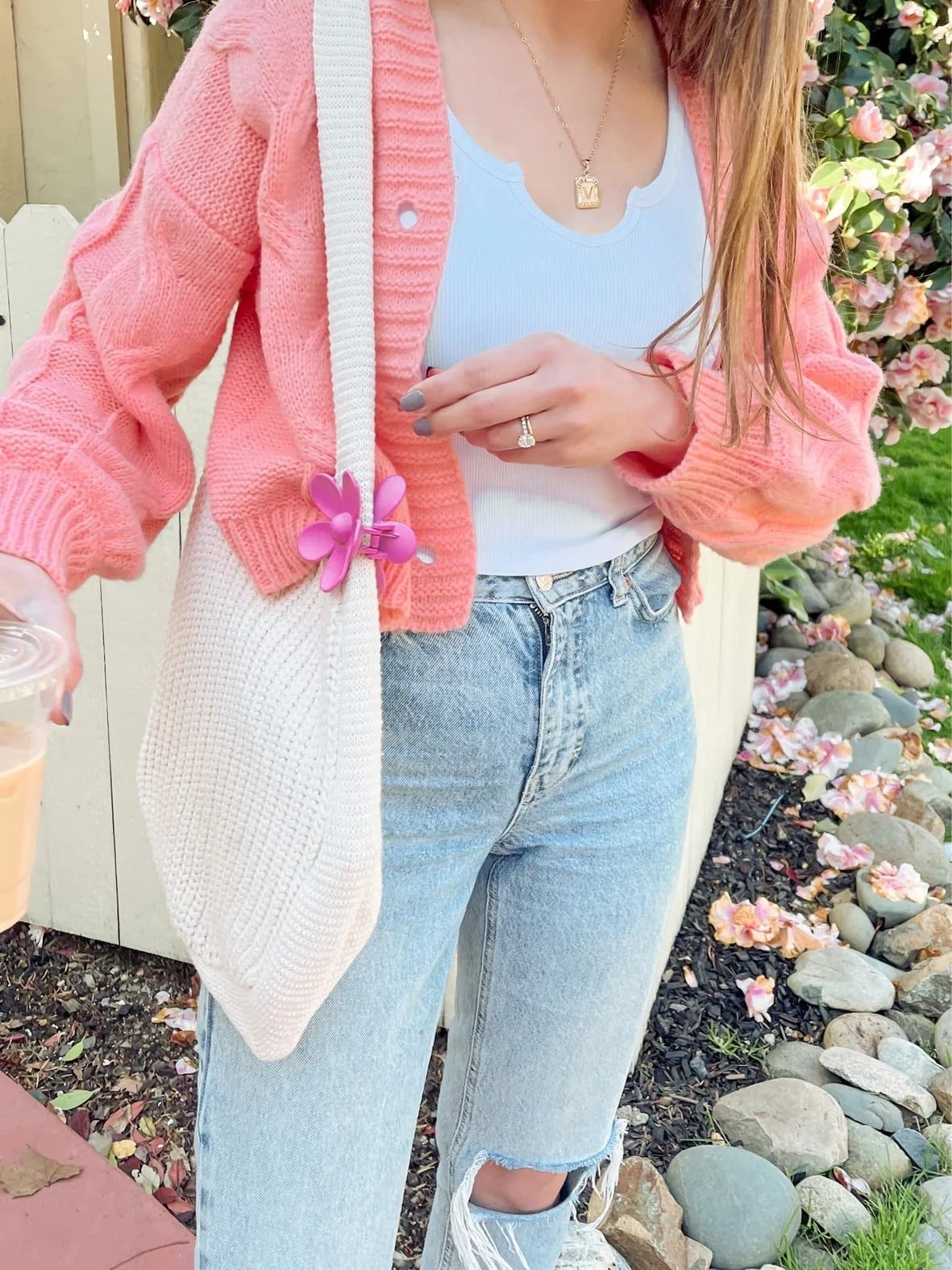 Pink Crochet Cardigan With Light Blue Jeans — Aesthetic Pink Cardigan Outfit