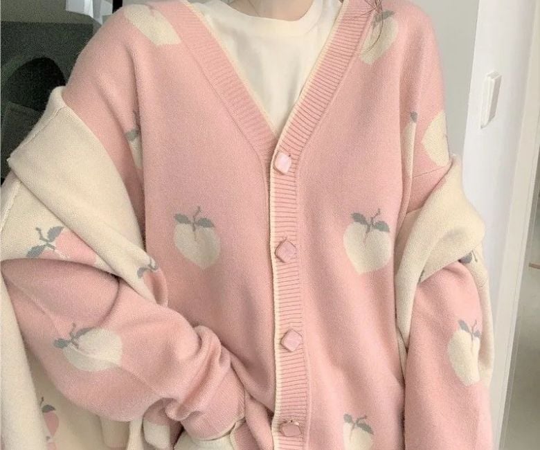 Pink Cardigan With Peach Print — Aesthetic Pink Cardigan Outfit
