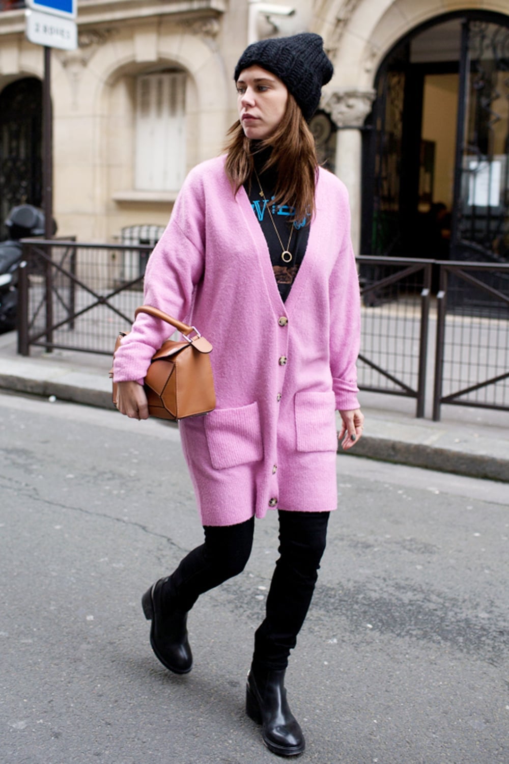 Long Pink Cardigan With Black Turtleneck — Aesthetic Pink Cardigan Outfit