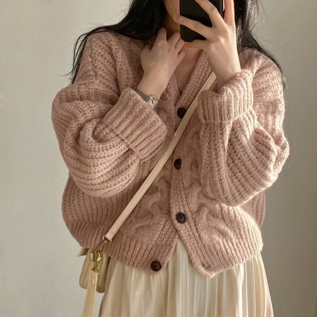 Pink Cable Knit Cardigan With Pleated Skirt — Aesthetic Pink Cardigan Outfit
