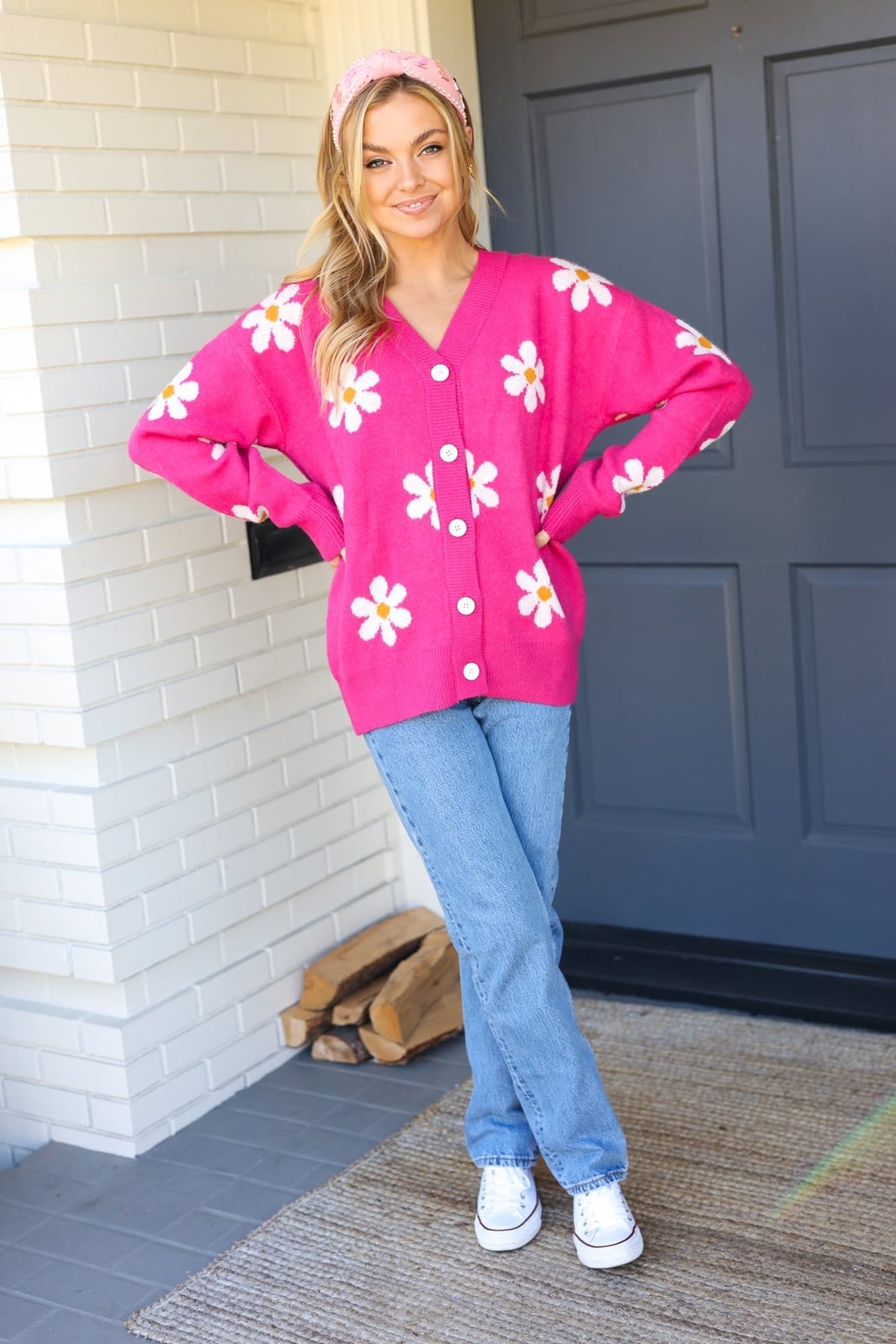 Pink Floral Cardigan With Straight Leg Jeans — Aesthetic Pink Cardigan Outfit
