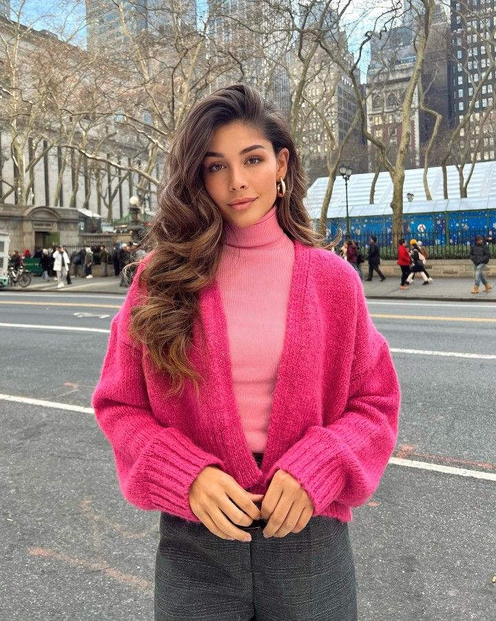 Textured Pink Knit Cardigan Over Turtleneck — Aesthetic Pink Cardigan Outfit