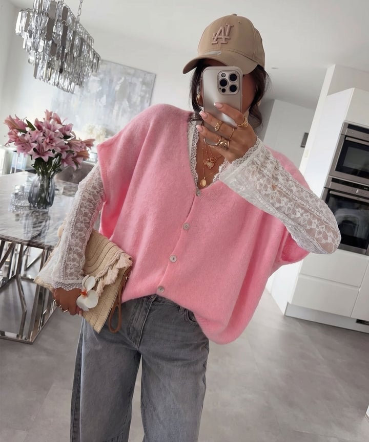 Pink Fluffy Cardigan With Grey Jeans — Aesthetic Pink Cardigan Outfit