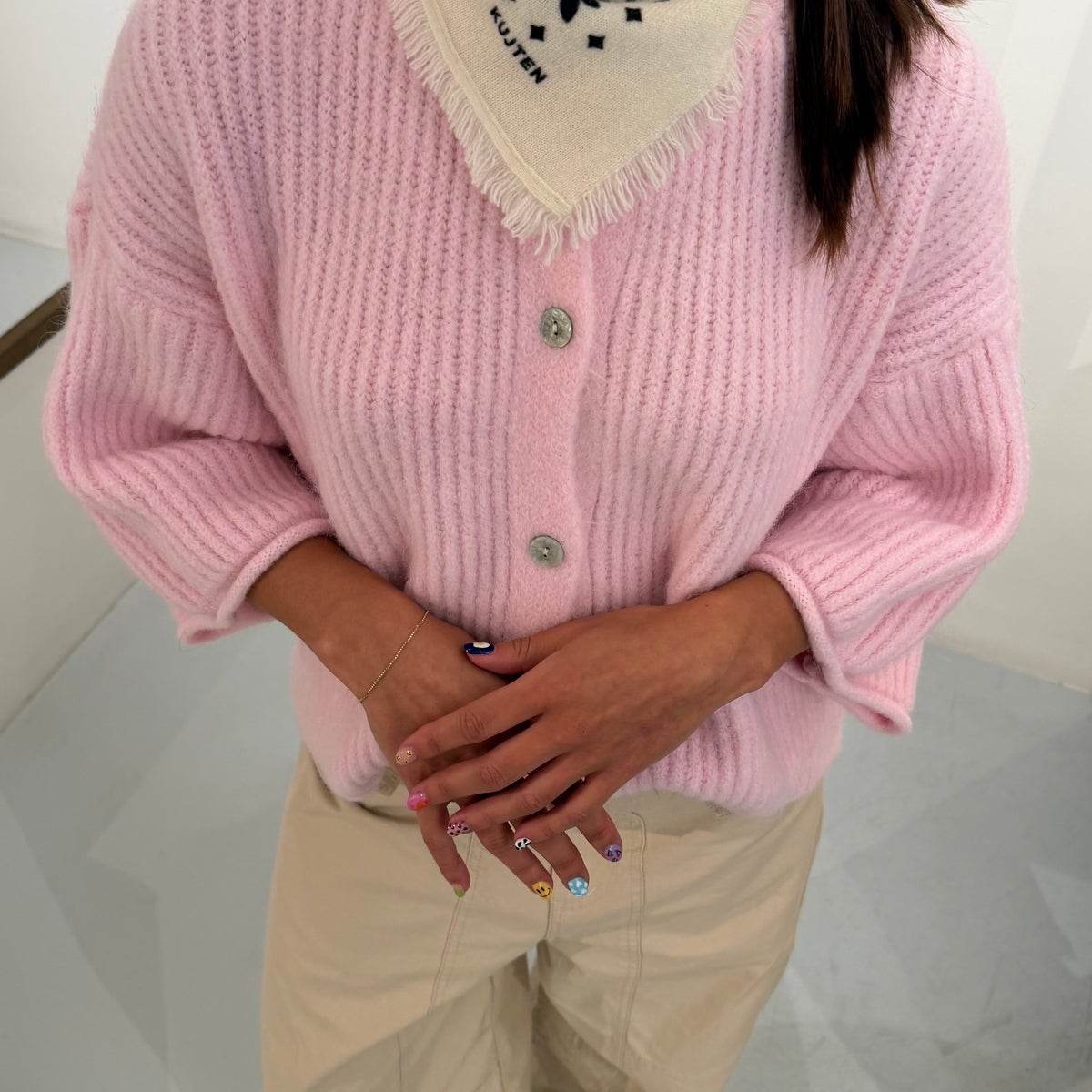 Fitted Pink Cable Knit Cardigan — Aesthetic Pink Cardigan Outfit