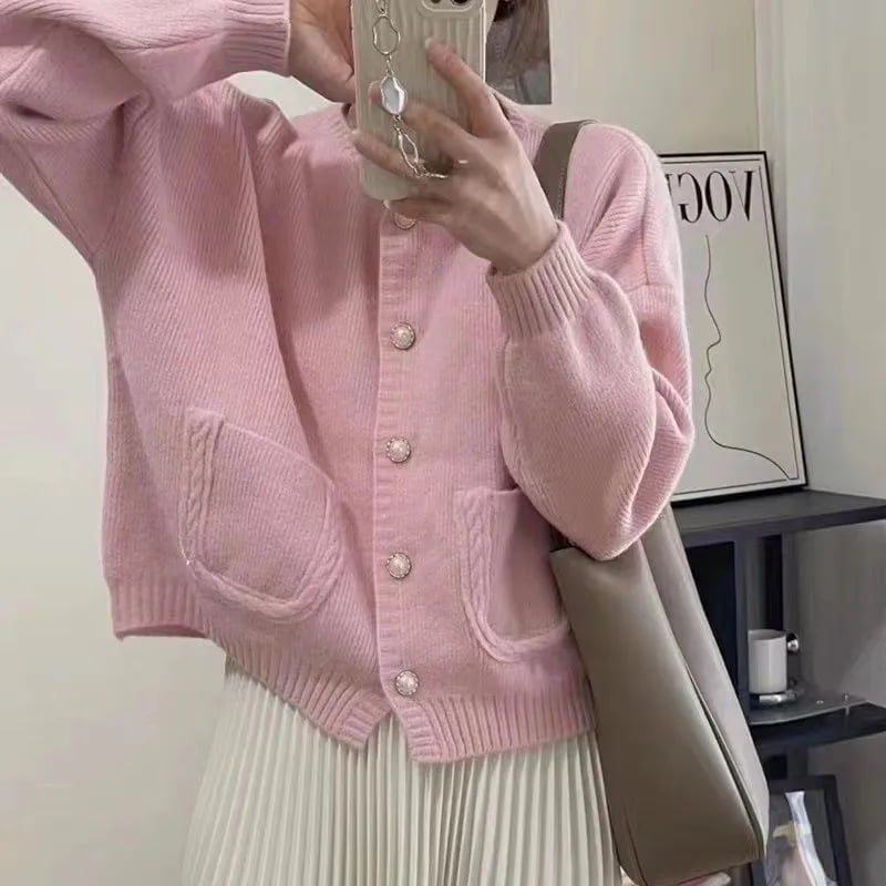 Oversized Pink Cardigan With Pearl Buttons — Aesthetic Pink Cardigan Outfit