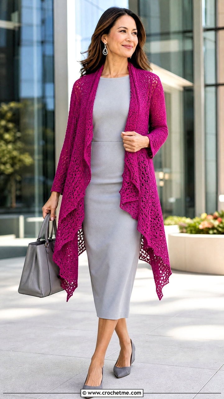 Draped Pink Crochet Cardigan With Grey Dress — Aesthetic Pink Cardigan Outfit