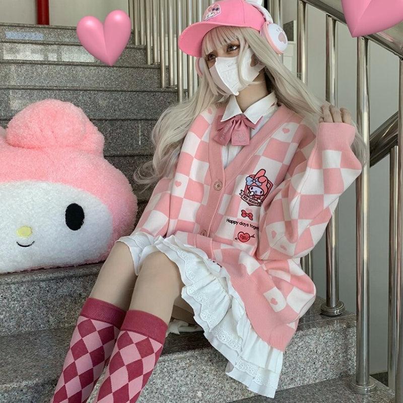 Pink Checkered Cardigan As Mini Dress — Aesthetic Pink Cardigan Outfit