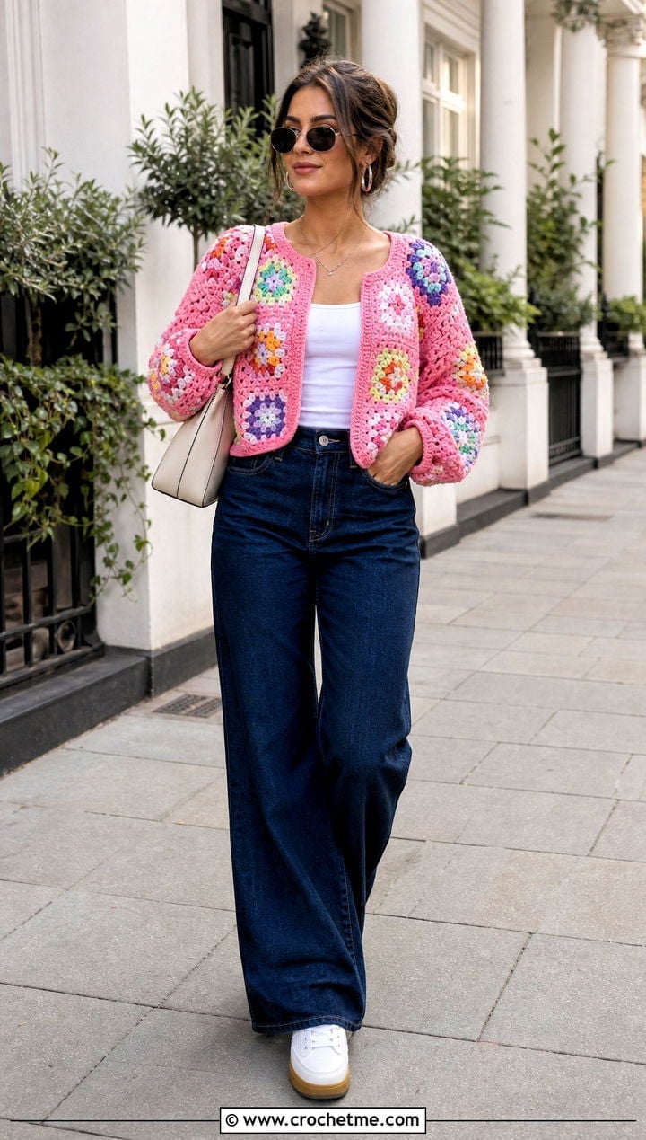 Crochet Pink Cardigan With Wide Leg Jeans — Aesthetic Pink Cardigan Outfit