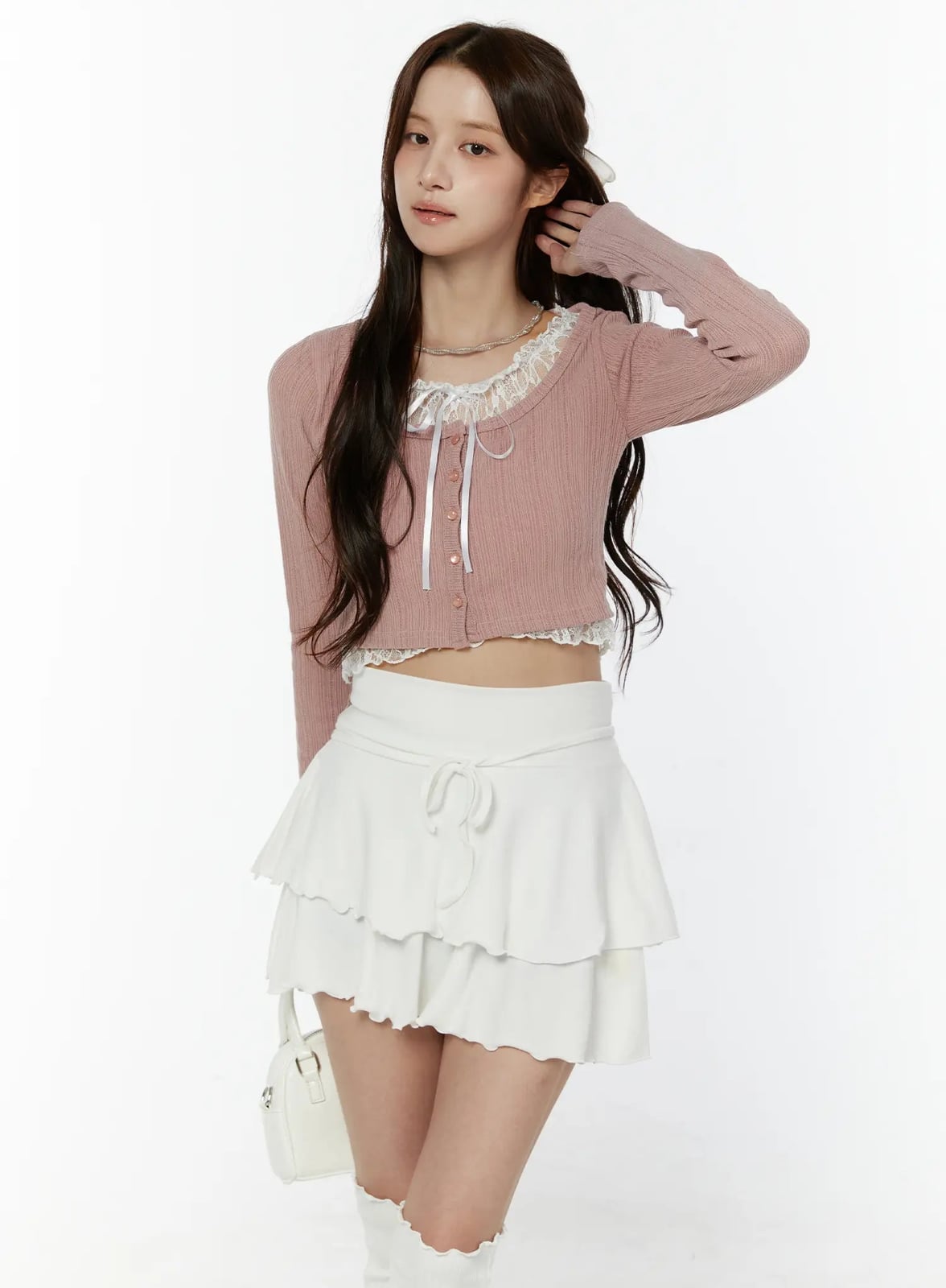 Pink Cropped Cardigan With Ruffled Mini Skirt, Knit — Aesthetic Pink Cardigan Outfit