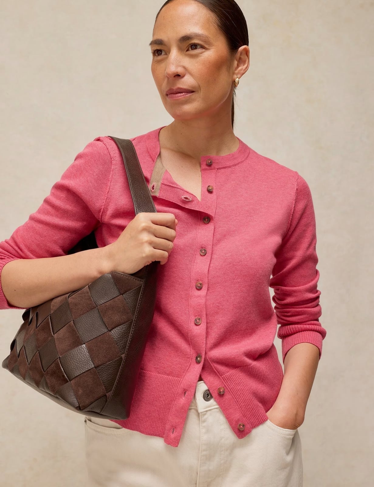Fitted Pink Cardigan With Beige Top — Aesthetic Pink Cardigan Outfit