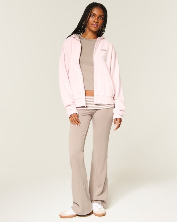 Pale Pink Zip-Up Hoodie With Flared Trousers — Aesthetic Pink Hoodie Outfit