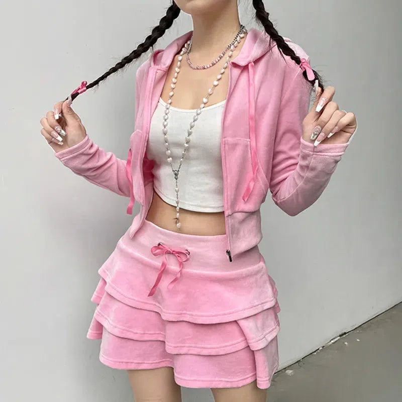 Hot Pink Velour Hoodie With Mini Skirt — Aesthetic Pink Hoodie Outfit