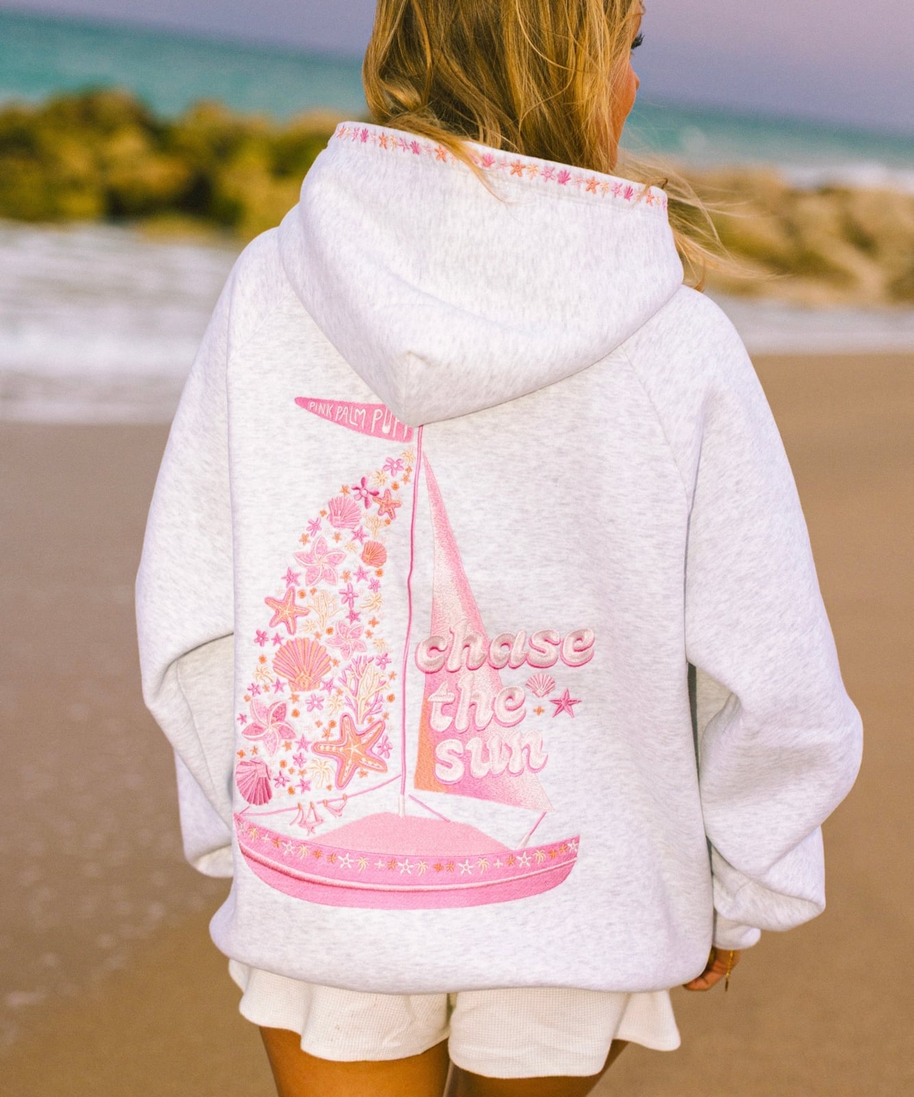 Grey Hoodie With Pink Sailboat Graphic — Aesthetic Pink Hoodie Outfit