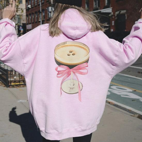 Pale Pink Hoodie With Espresso Martini Graphic — Aesthetic Pink Hoodie Outfit