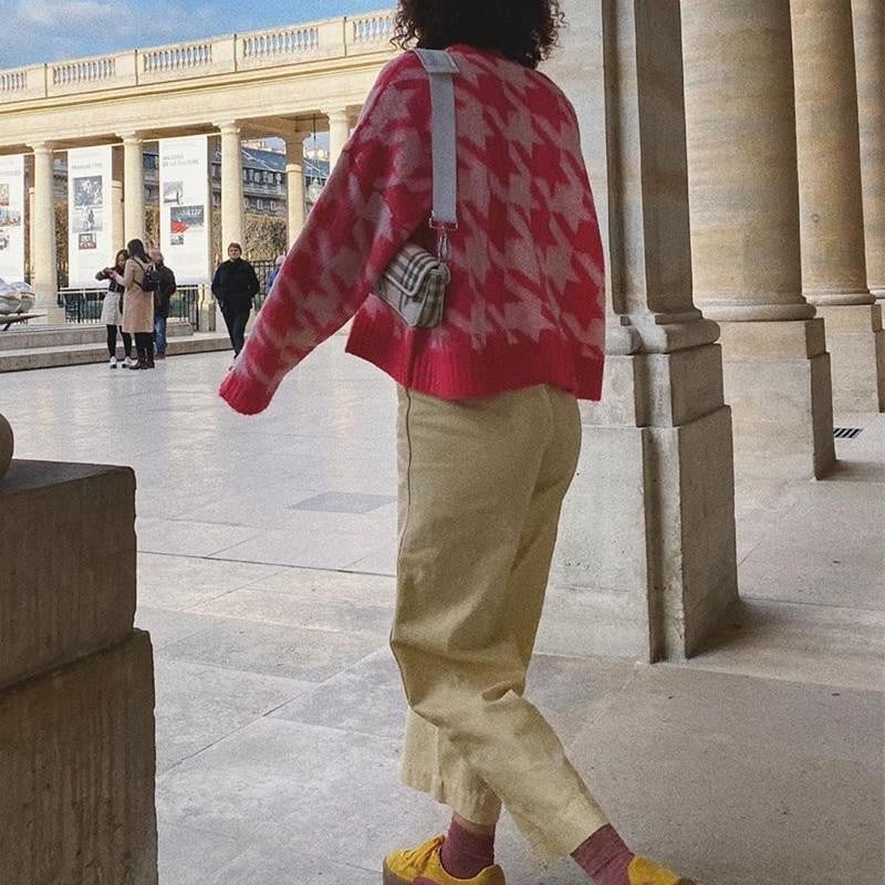 Pink and White Houndstooth Cropped Cardigan with Beige Trousers — Aesthetic Pink Sweater Outfit
