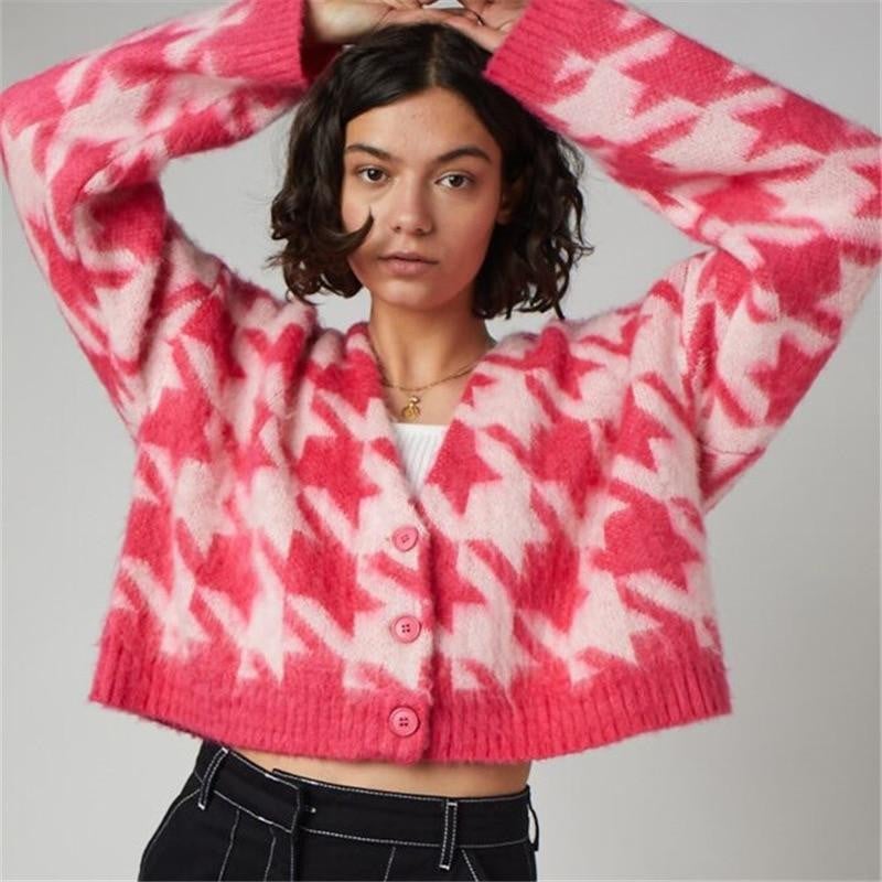 Pink and White Houndstooth Cropped Cardigan with a White Tank — Aesthetic Pink Sweater Outfit
