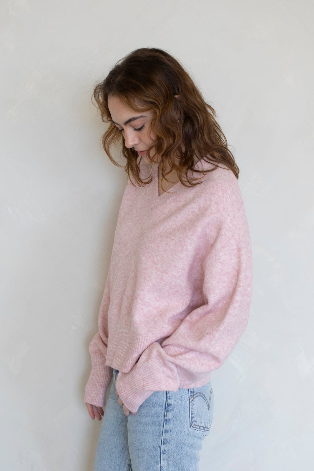 Oversized Fuzzy Pastel Pink Sweater with Light Blue Jeans — Aesthetic Pink Sweater Outfit