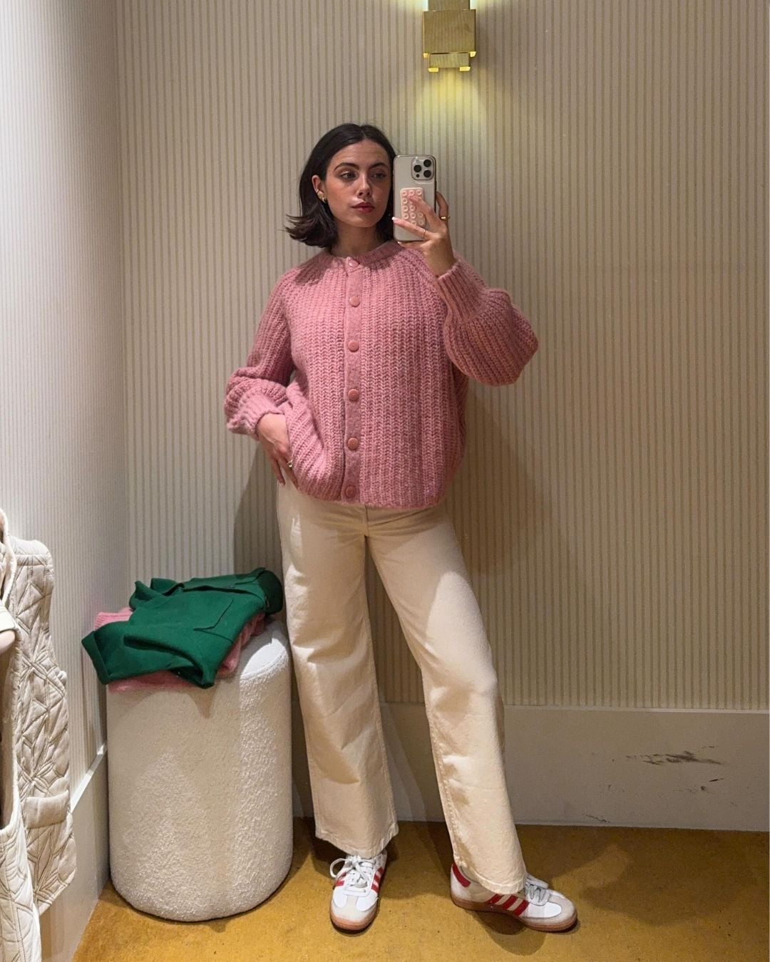 Pink Chunky Knit Cardigan with Cream Wide-Leg Trousers — Aesthetic Pink Sweater Outfit
