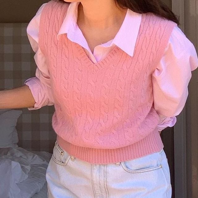 Pastel Pink Cable Knit Sweater Vest Over a Pink Collared Shirt — Aesthetic Pink Sweater Outfit