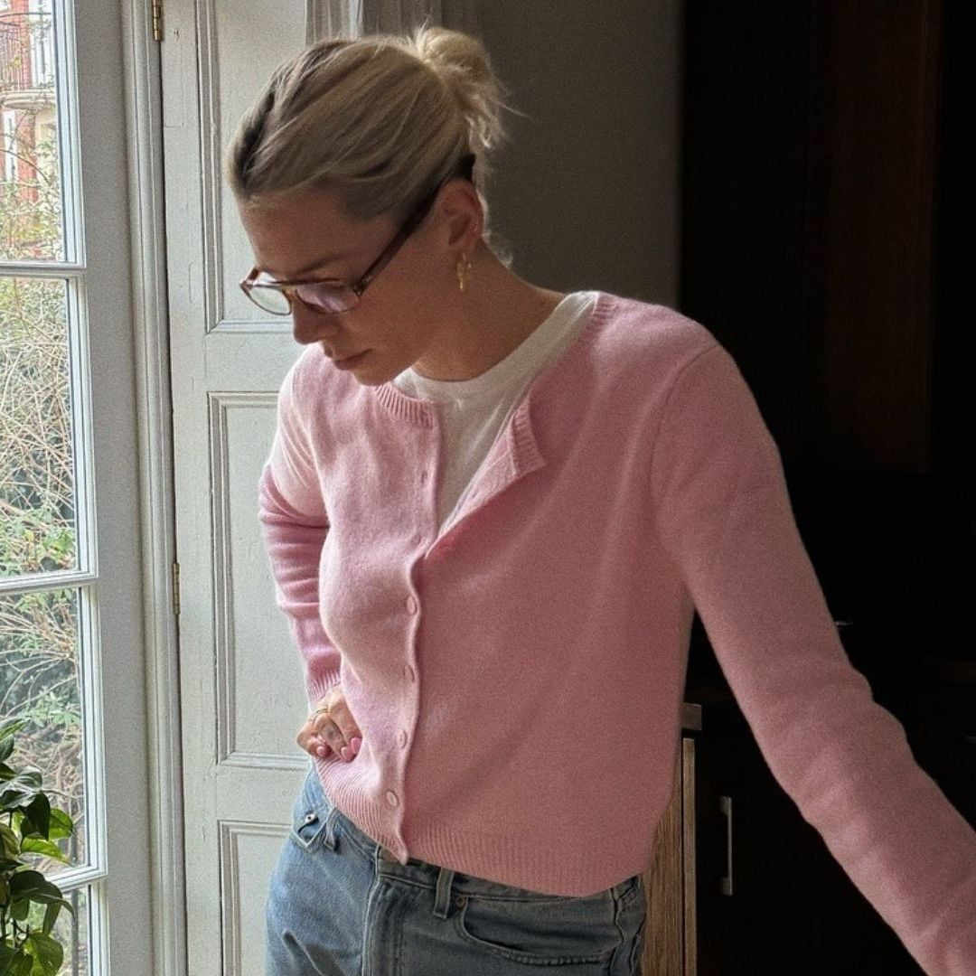 Pastel Pink Fitted Cardigan Over a White T-Shirt with Blue Jeans — Aesthetic Pink Sweater Outfit