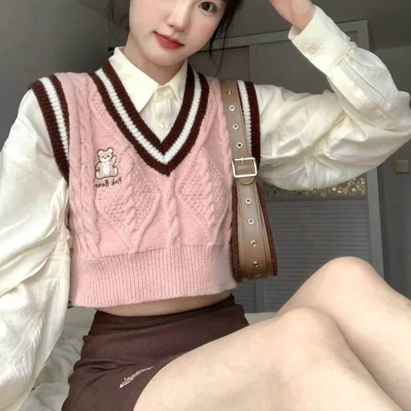 Cropped Pink Sweater Vest with Teddy Bear Embroidery — Aesthetic Pink Sweater Outfit