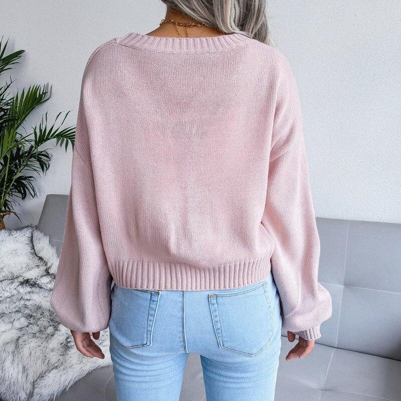 Soft Pink Knit Sweater with Balloon Sleeves and Slim Jeans — Aesthetic Pink Sweater Outfit