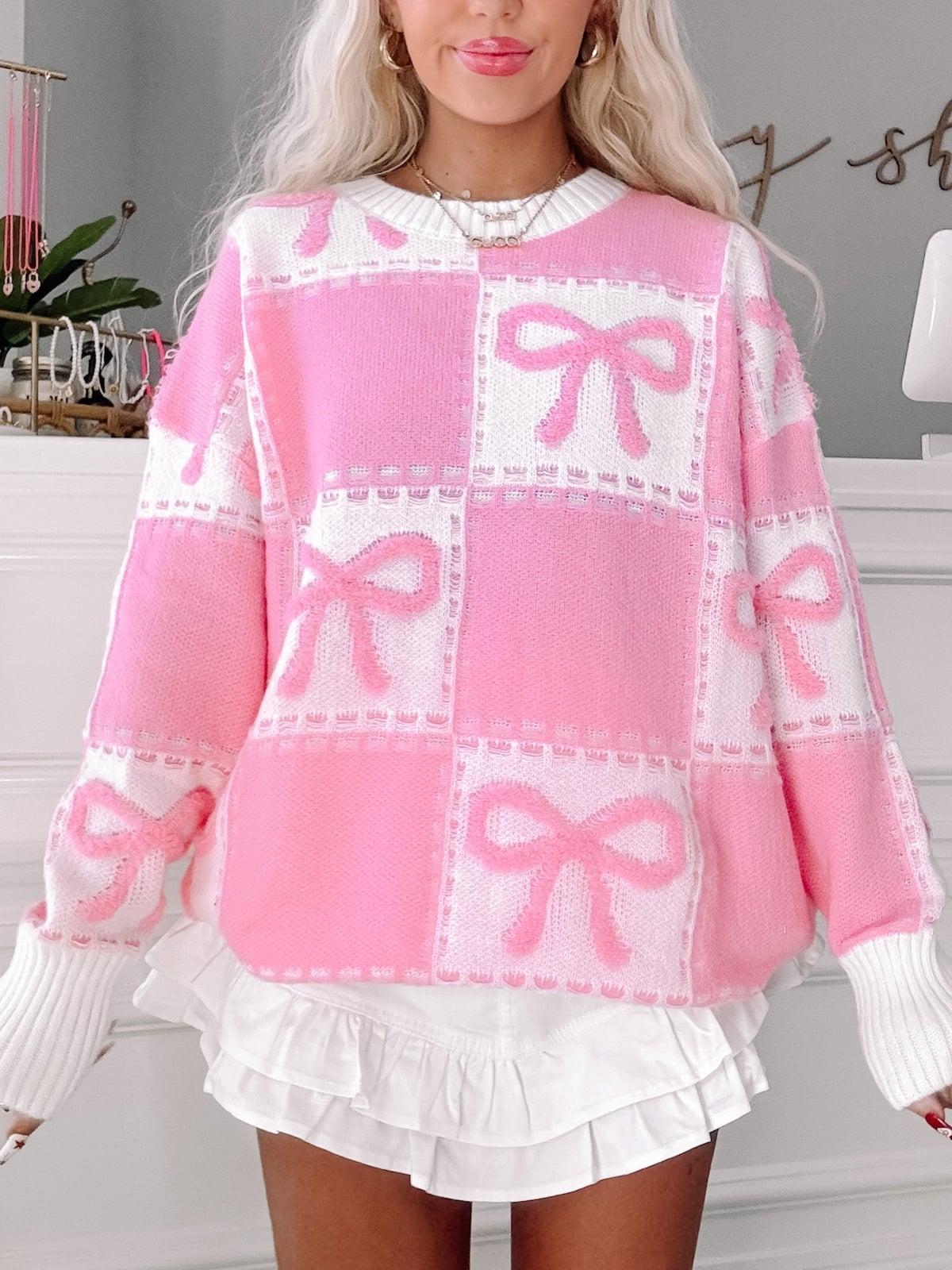 Pink and White Checkerboard Sweater with a White Ruffled Skirt — Aesthetic Pink Sweater Outfit