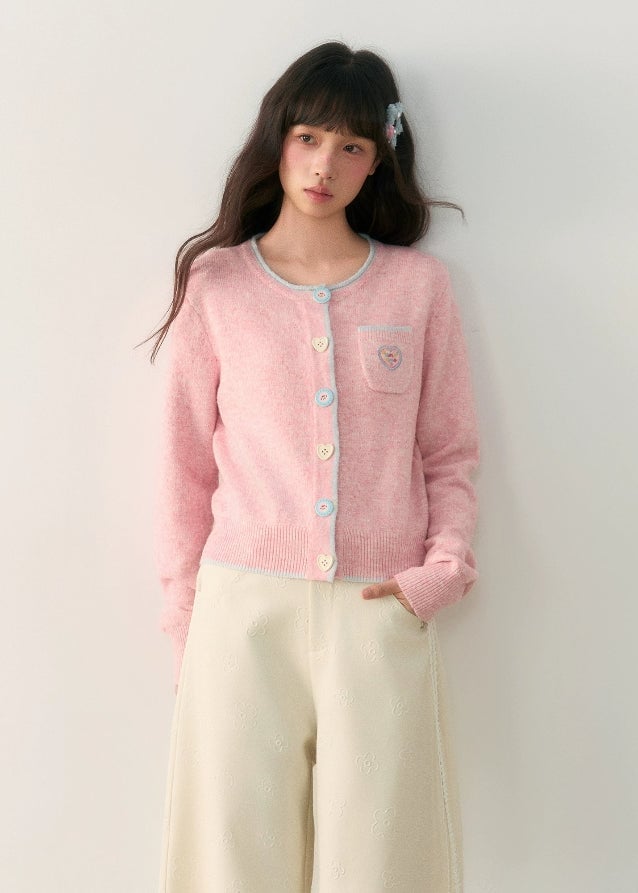 Pastel Pink Soft Knit Cardigan with Heart Details — Aesthetic Pink Sweater Outfit