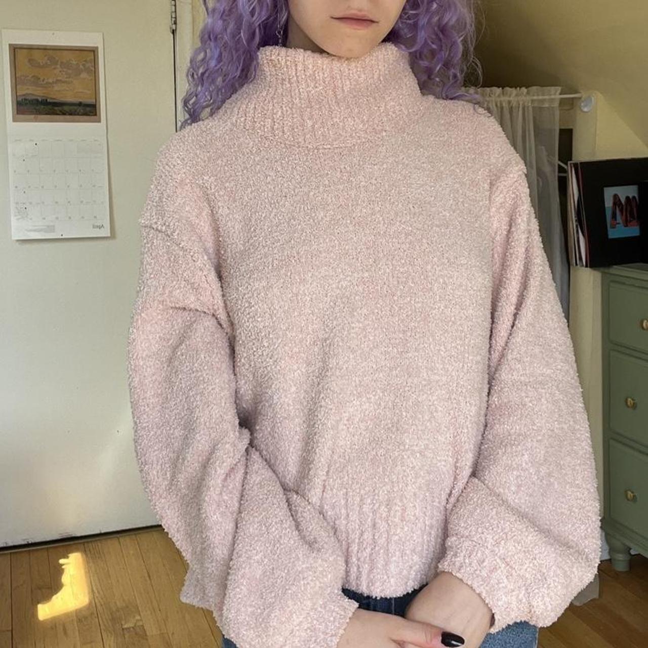 Light Pink Fuzzy Oversized Sweater with Beige Trousers — Aesthetic Pink Sweater Outfit