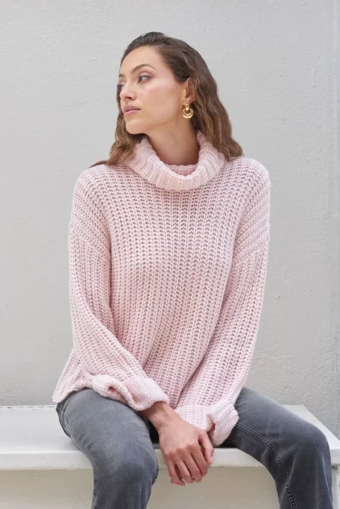 Pink Chunky Knit Turtleneck Sweater with Grey Jeans — Aesthetic Pink Sweater Outfit