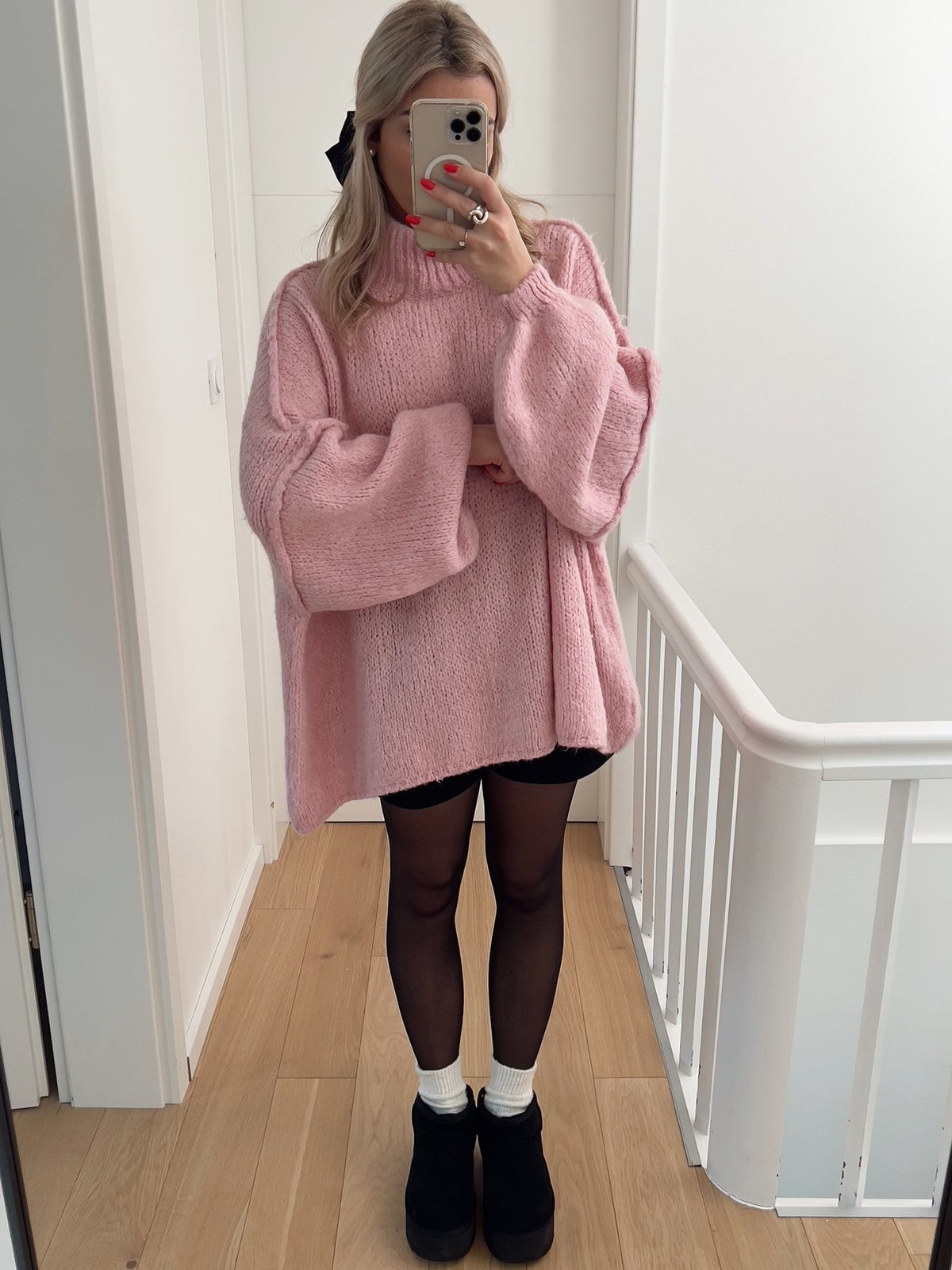 Pale Pink Chunky Knit Sweater with Black Shorts and Tights — Aesthetic Pink Sweater Outfit