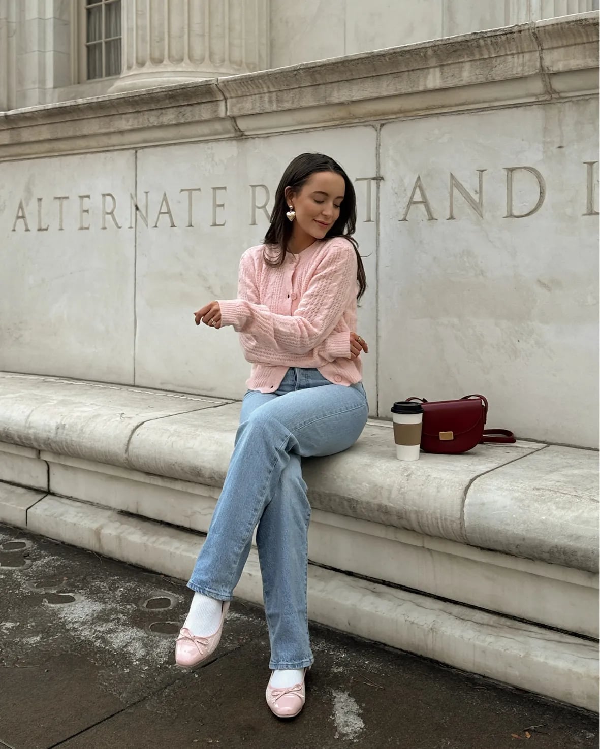 Fitted Pink Cable Knit Cardigan with Light Blue Jeans — Aesthetic Pink Sweater Outfit