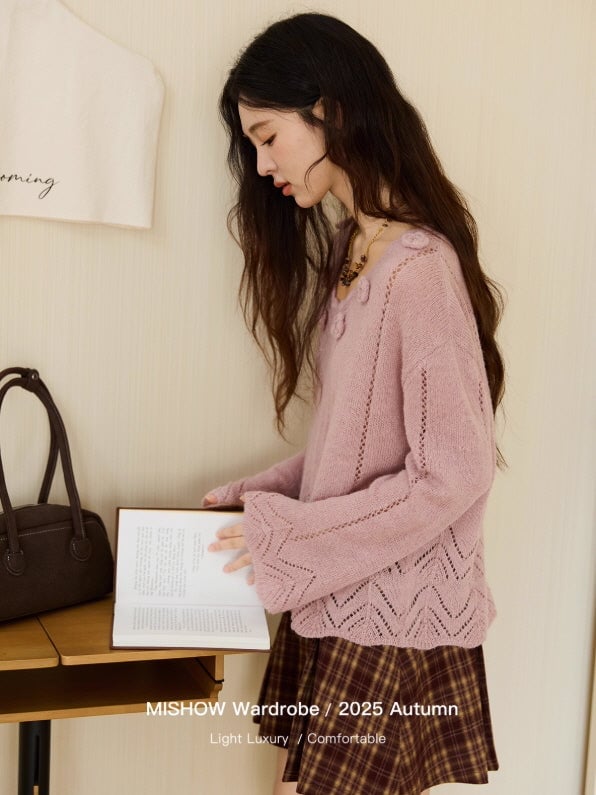 Loose-fitting Pink Open-Knit Sweater with Brown Plaid Skirt — Aesthetic Pink Sweater Outfit