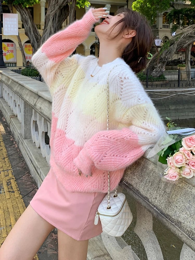 Colorblock Pink, White, and Yellow Knit Sweater with Pink Skirt — Aesthetic Pink Sweater Outfit