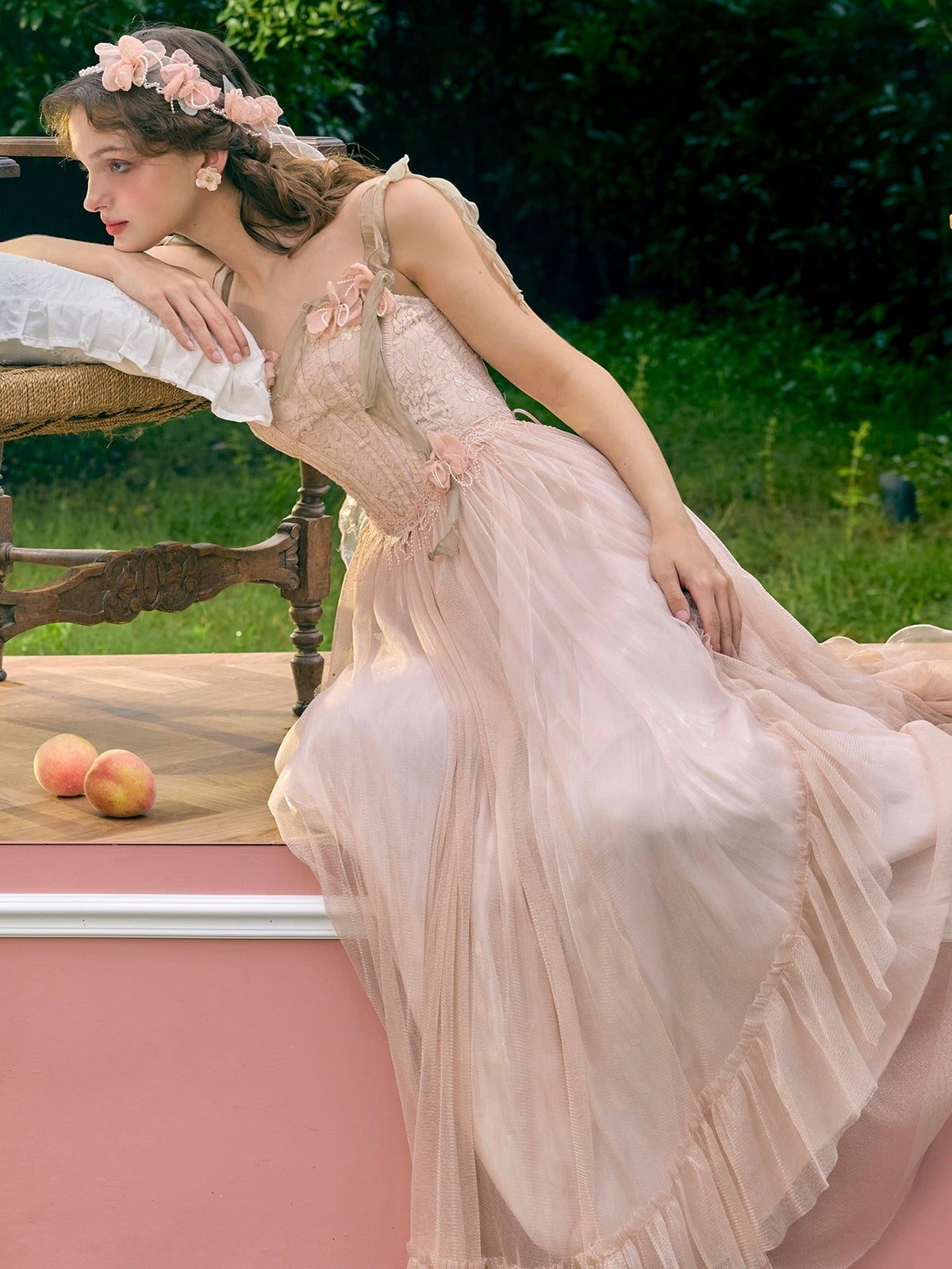 Pale Pink Tulle Ballgown with Floral Bodice Embellishments — Aesthetic Queen Dress