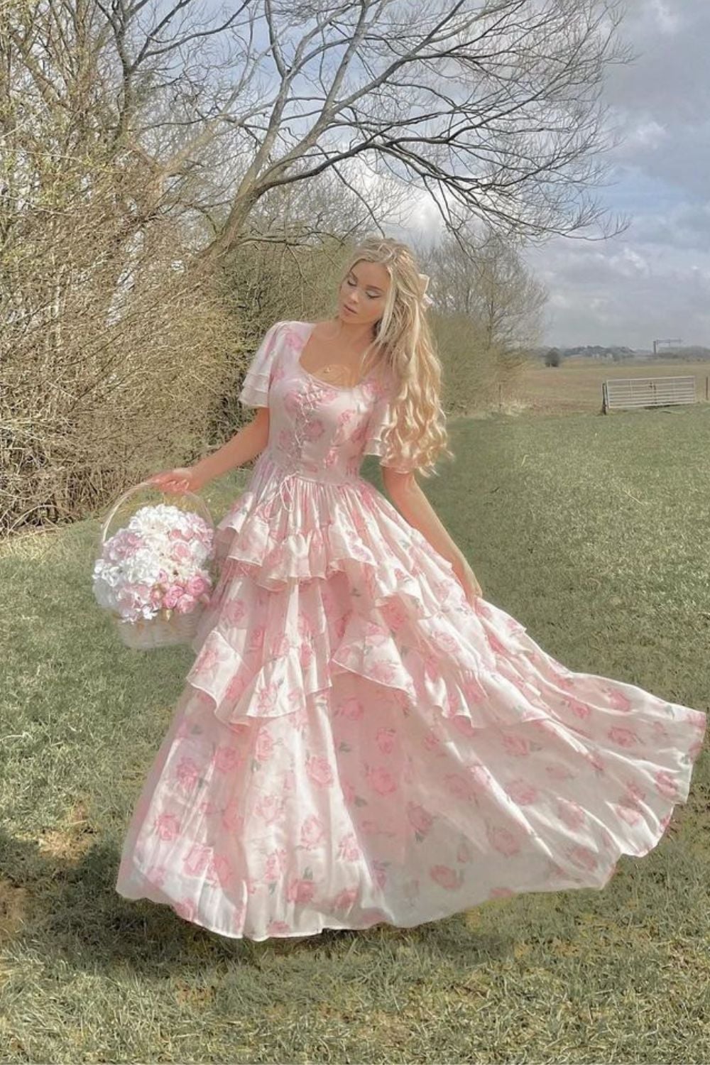 Pink Floral Print Tiered Ruffle Dress with Empire Waist — Aesthetic Queen Dress
