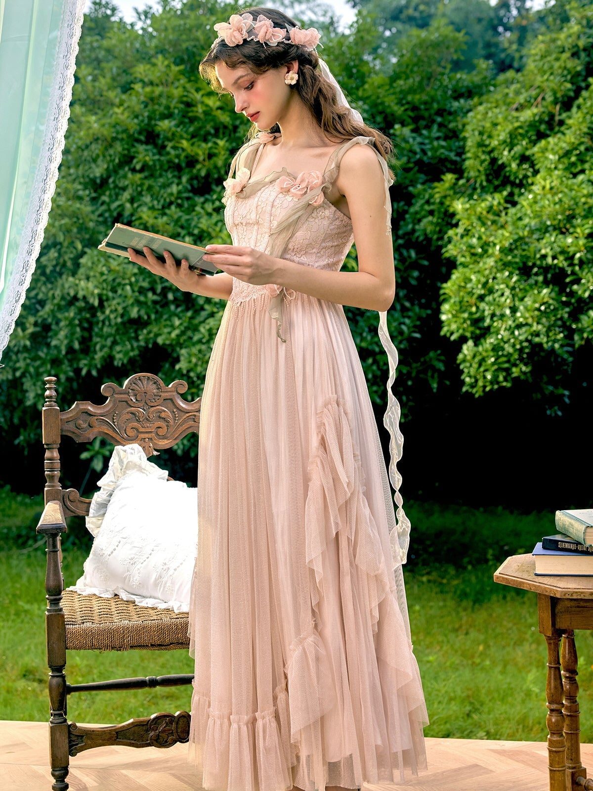 Pale Pink Tulle Ballgown with Floral Appliques and Flower Crown — Aesthetic Queen Dress