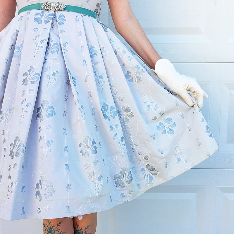 Pale Blue Brocade Dress with Full A-Line Skirt and Jeweled Belt — Aesthetic Queen Dress