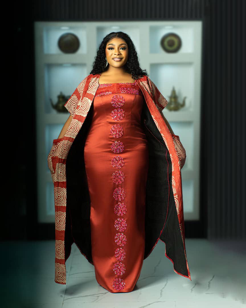 Burnt Orange Satin Column Dress Under Patterned Kimono Coat — Aesthetic Queen Dress
