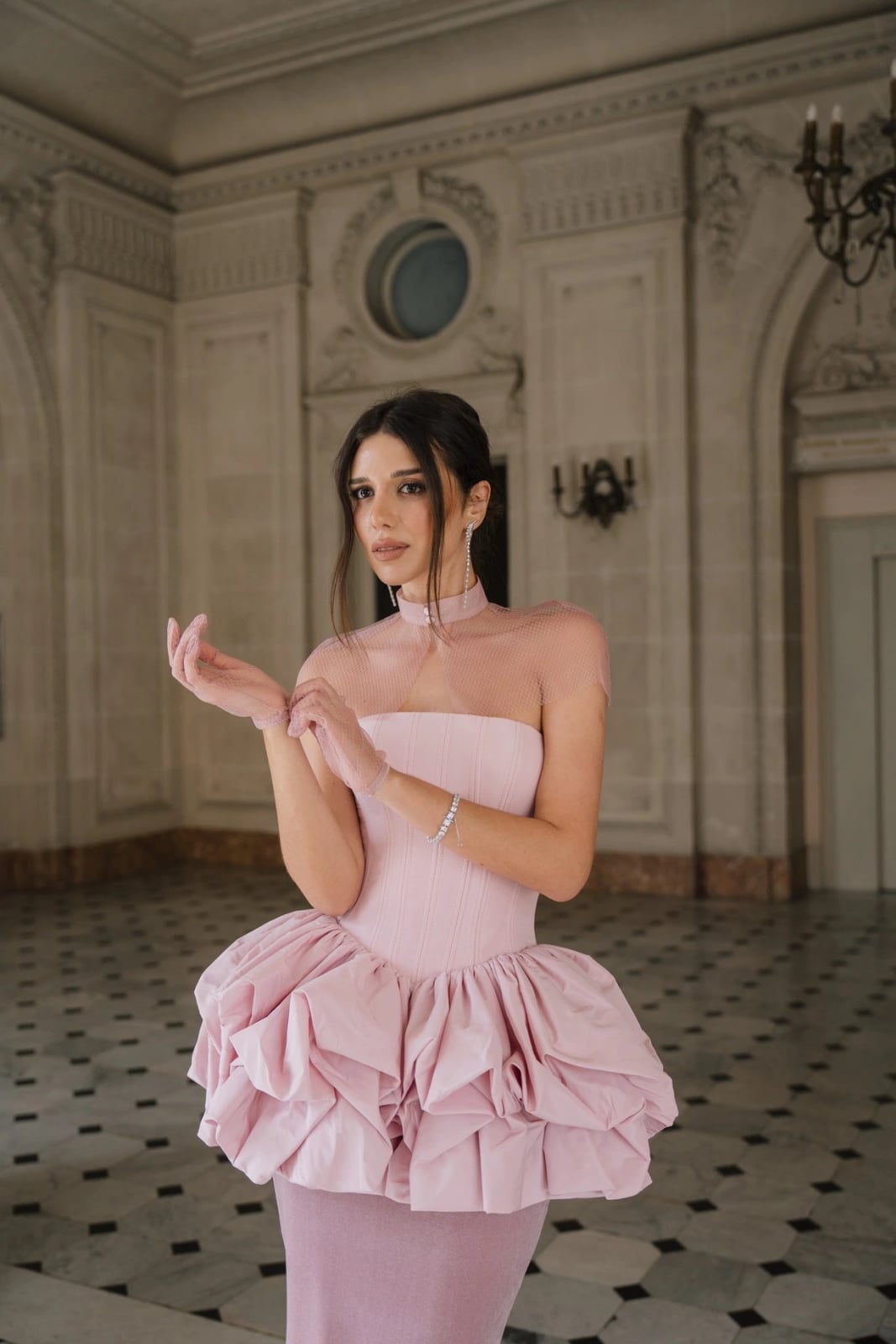 Pink Strapless Gown with Voluminous Ruffled Skirt — Aesthetic Queen Dress