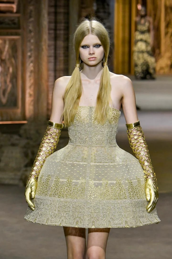 Gold Embellished Mini Dress with Voluminous Skirt and Sheer Gloves — Aesthetic Queen Dress