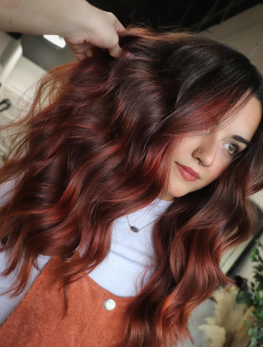Cinnamon Red Balayage Waves — Aesthetic Red Hair
